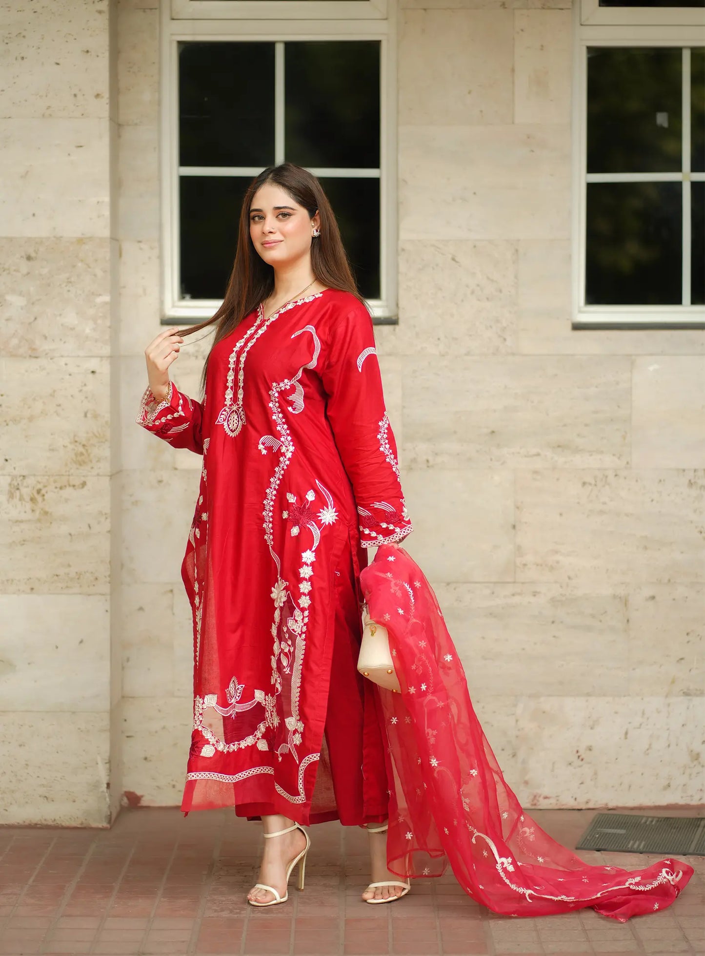 Red 3 Piece Suit Fabric: Premium Cotton ✨ Intricate Embroidery Work ✨ Long Graceful Shirt ✨
