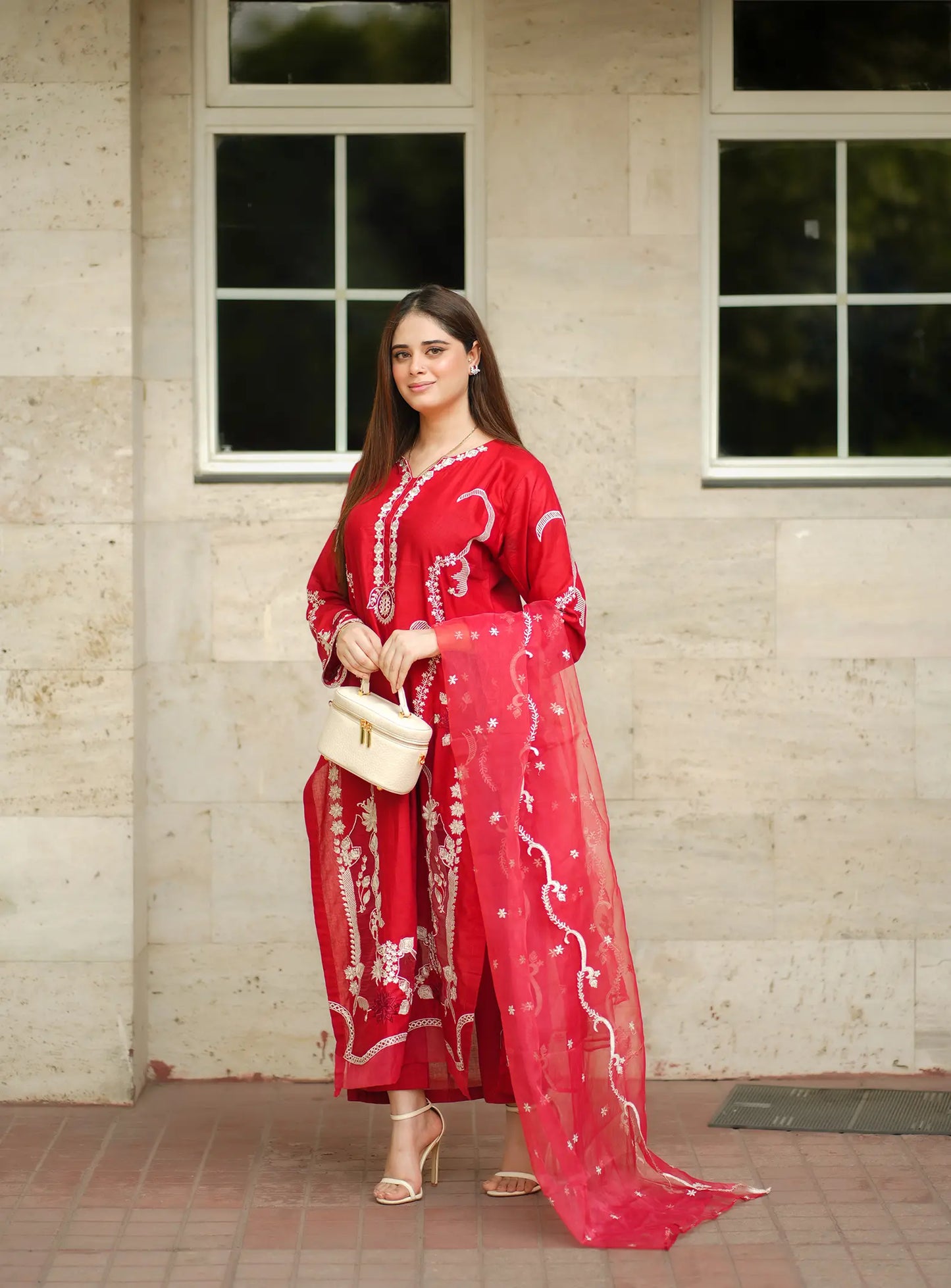 Red 3 Piece Suit Fabric: Premium Cotton ✨ Intricate Embroidery Work ✨ Long Graceful Shirt ✨