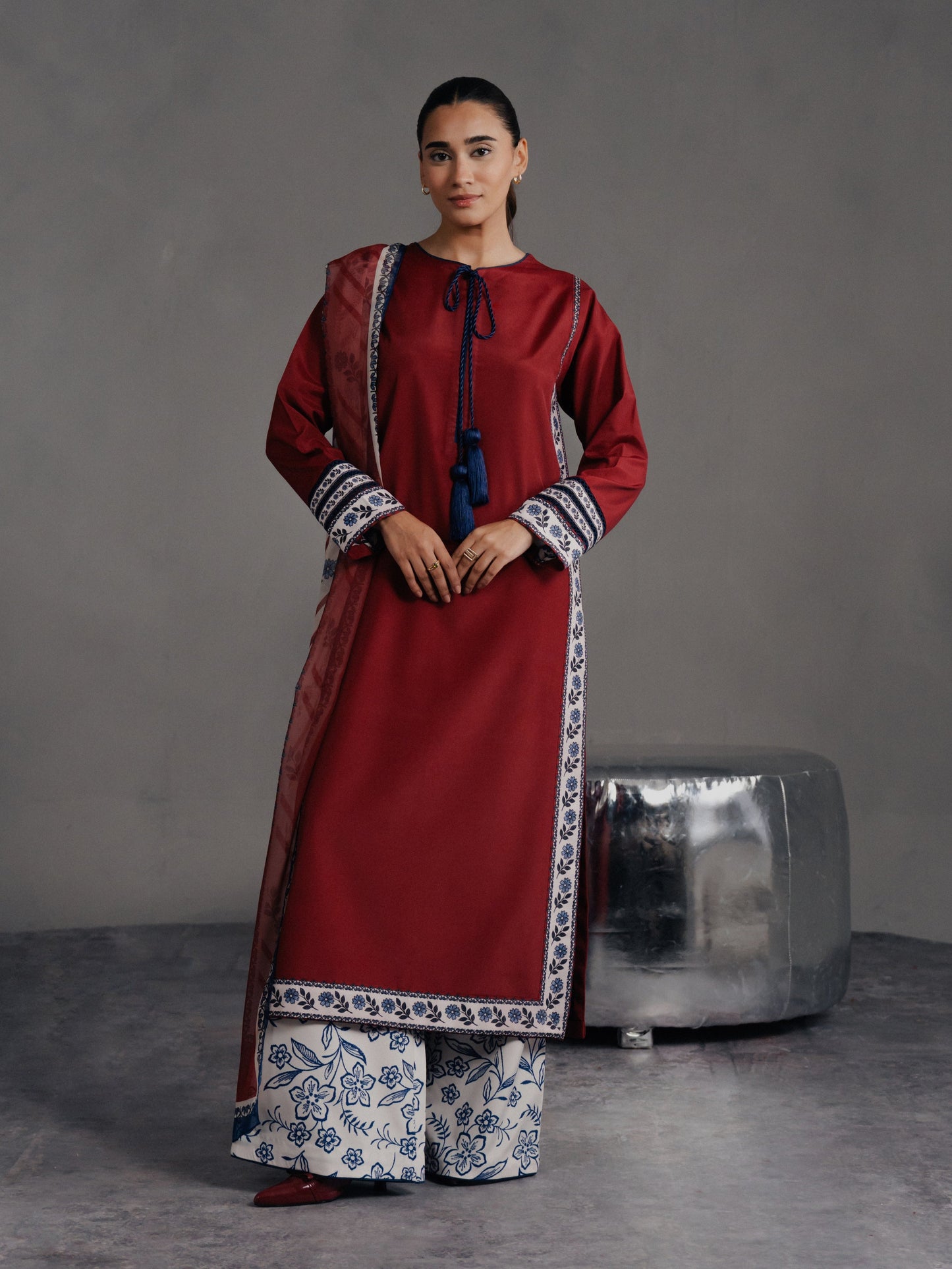 Maroon Bloom 3-Piece Printed Suit (Stitched)