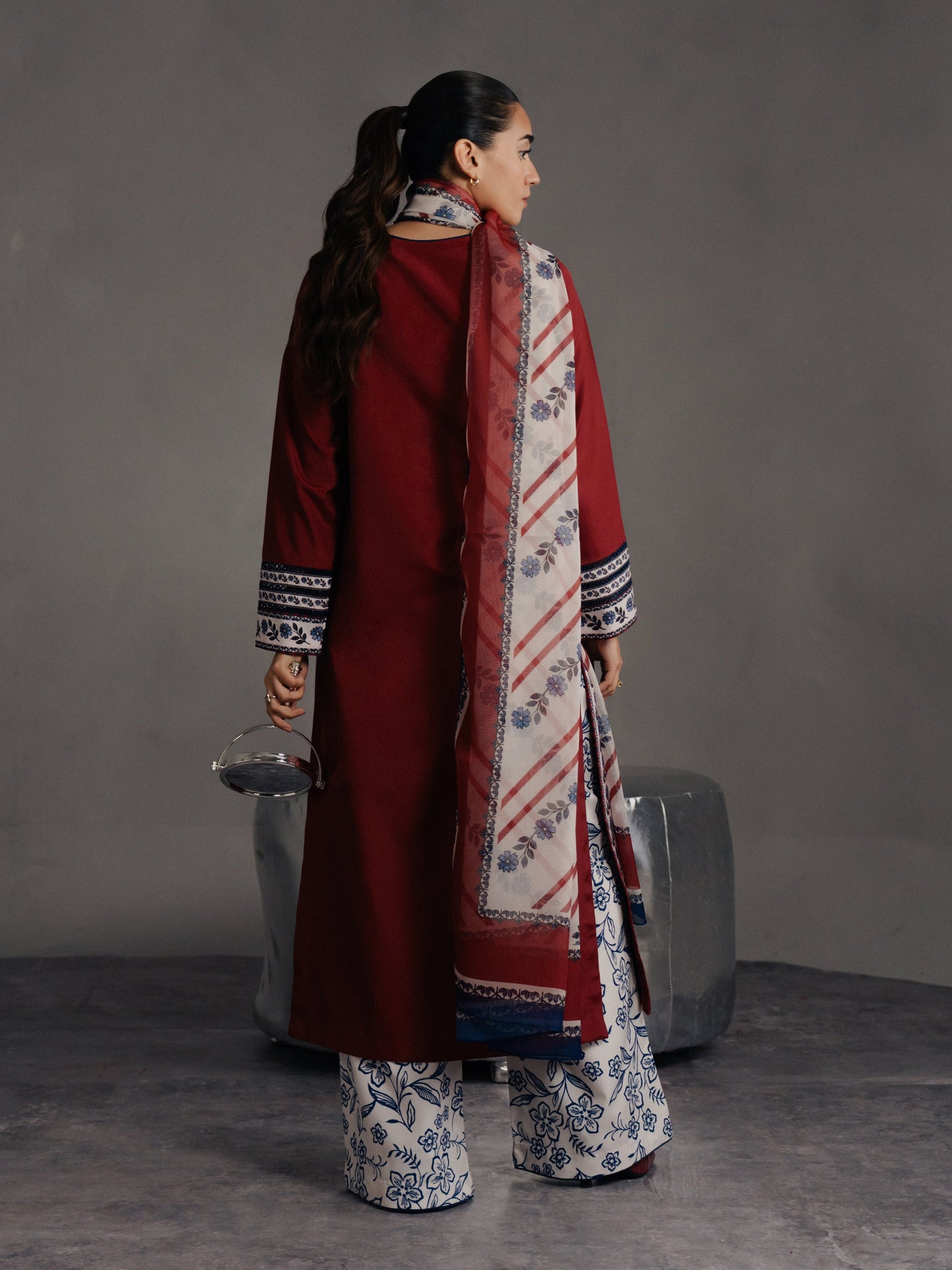 Maroon Bloom 3-Piece Printed Suit (Stitched)