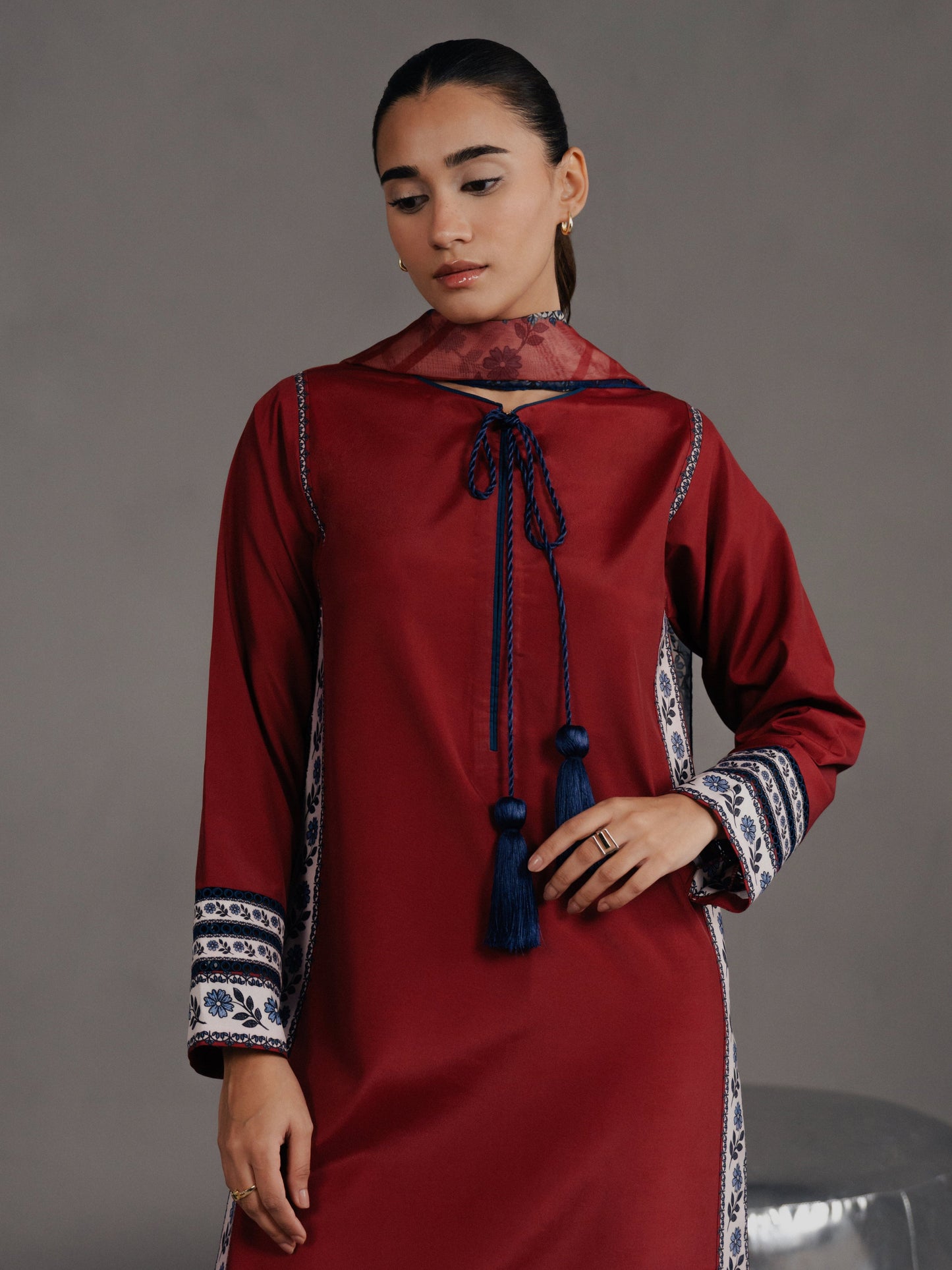 Maroon Bloom 3-Piece Printed Suit (Stitched)