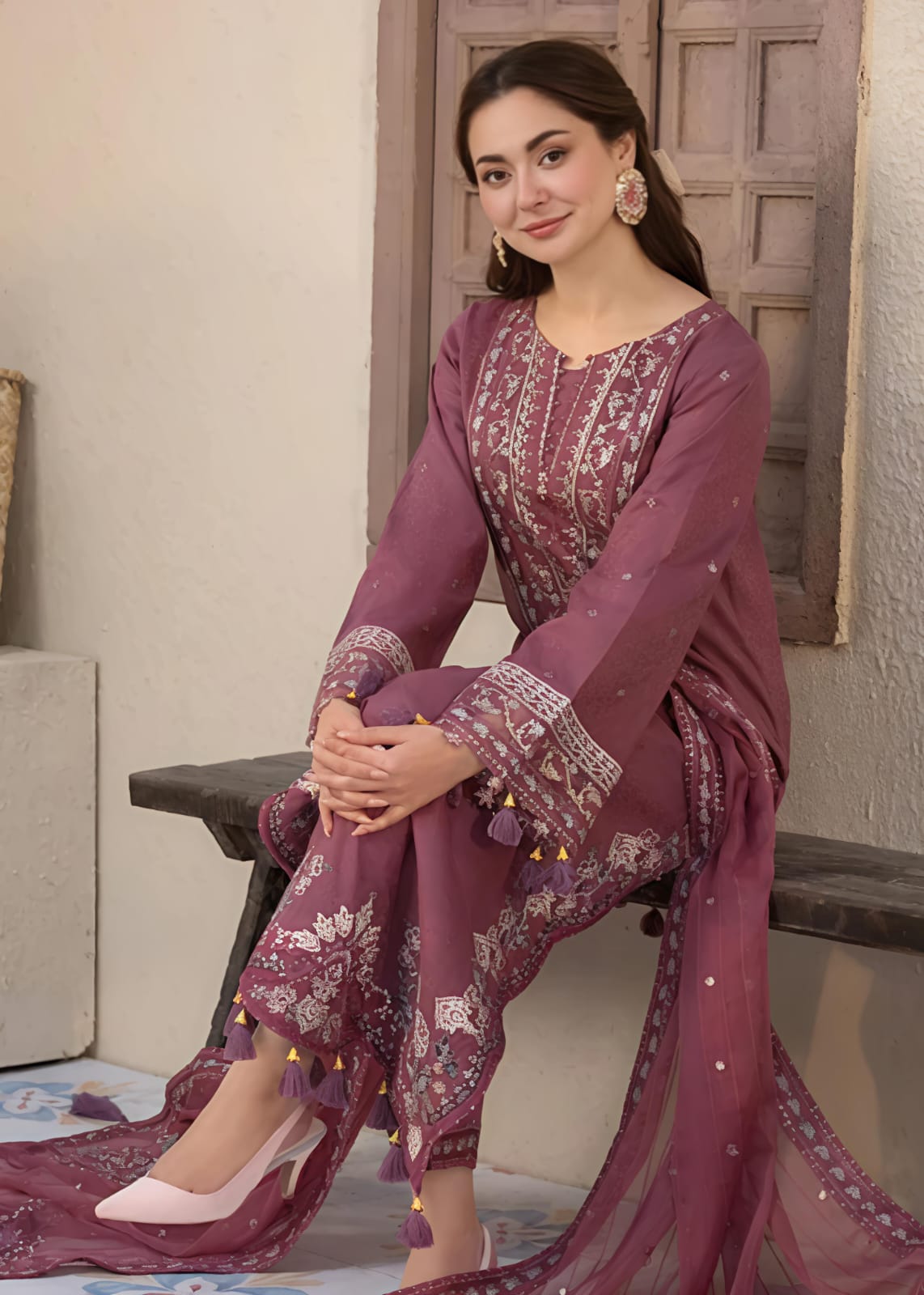 Zinnia Pink Embroidered 3-Piece Cotton Kurta Set with Chiffon Dupatta