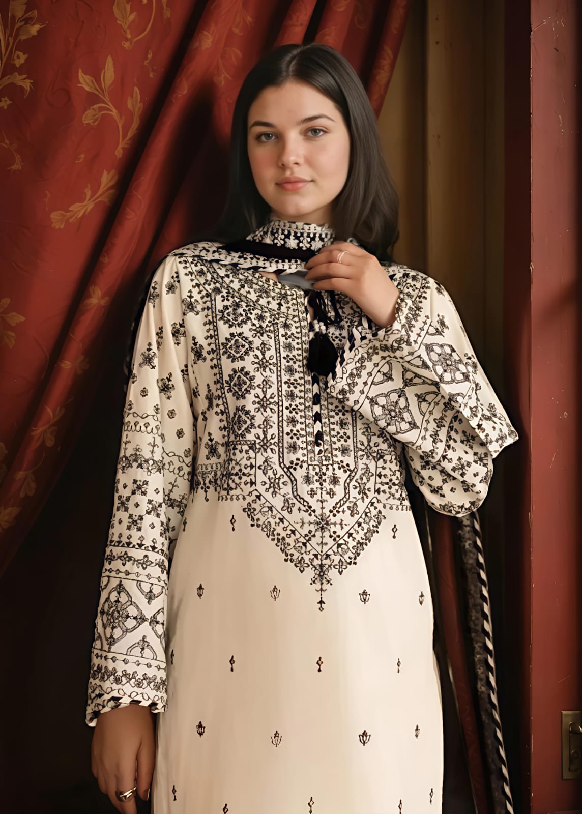 Cream Embroidered 3 Piece Cotton Kurta Set for Women