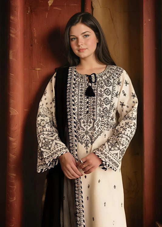 Cream Embroidered 3 Piece Cotton Kurta Set for Women
