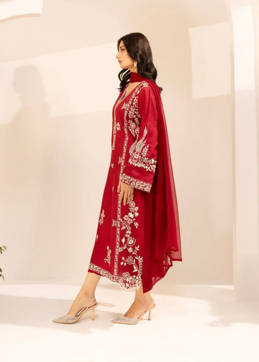 Women’s Red Embroidered Cotton Kurta Set with Straight Trouser