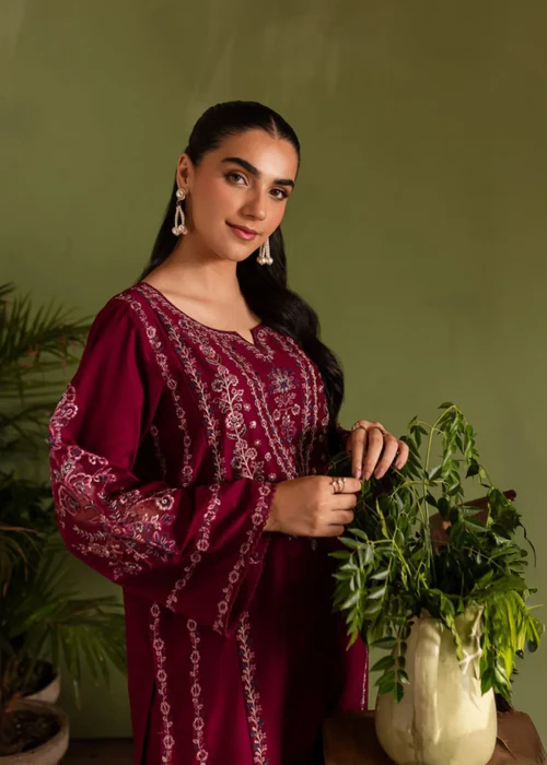 Rose Red Embroidered 2-Piece Cotton Kurta Set – Long Kurta with Matching Trousers.
