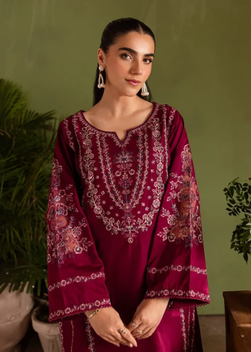 Rose Red Embroidered 2-Piece Cotton Kurta Set – Long Kurta with Matching Trousers.