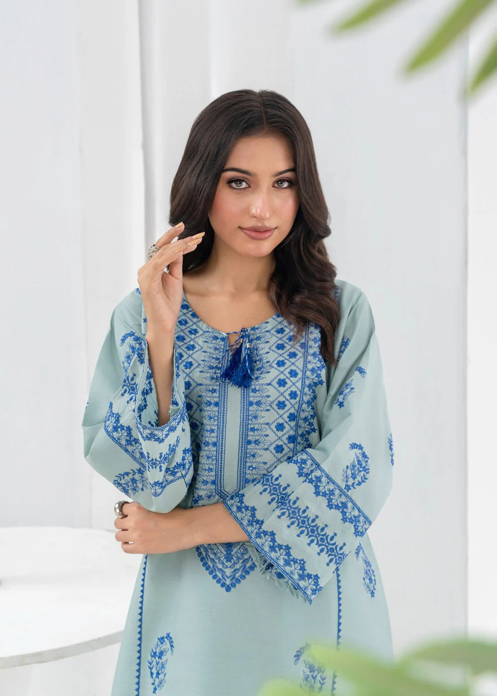 Pastel Green Embroidered 2-Piece Kurta Set with Farshi Shalwar