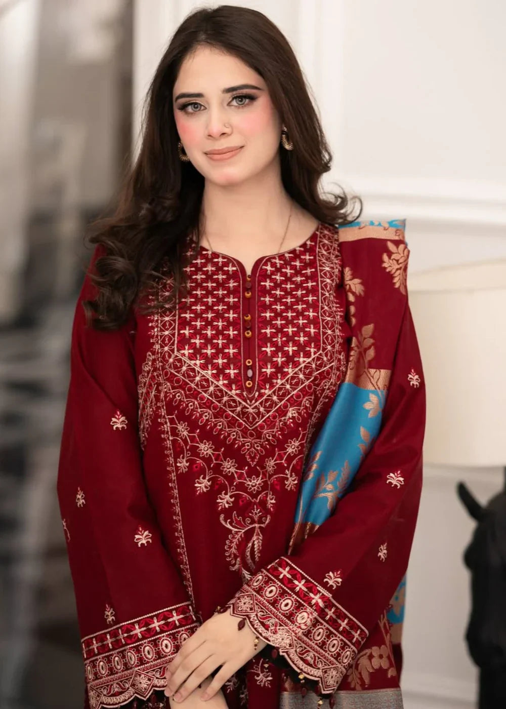 Women’s Maroon 3-Piece Embroidered Linen Kurta Set