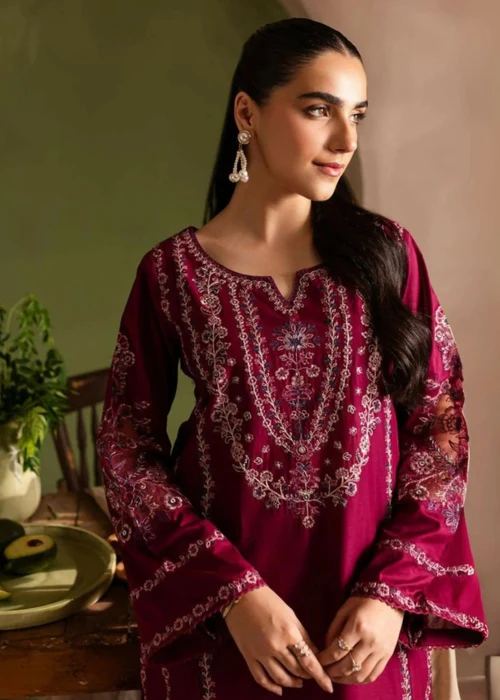 Rose Red Embroidered 2-Piece Cotton Kurta Set – Long Kurta with Matching Trousers.