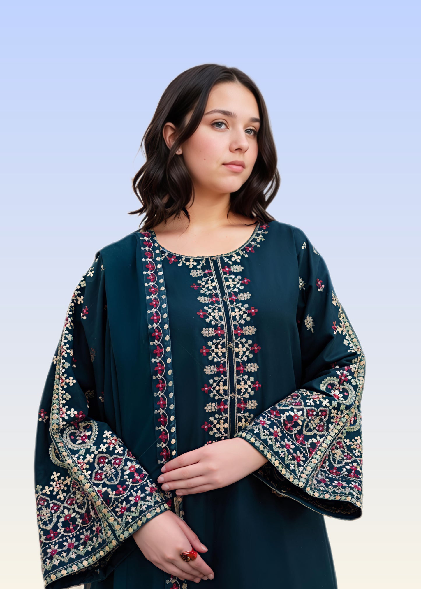 Aadab Teal Embroidered 3 Piece Cotton Kurta Set with Straight Trouser & Chiffon Dupatta