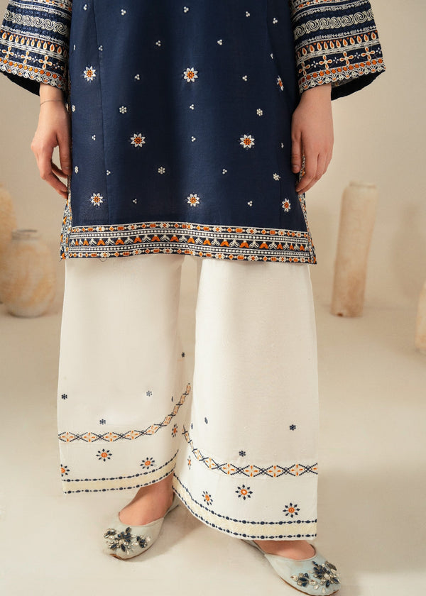 Women’s Navy Blue Embroidered Cotton Kurta Set – 3 Piece Eastern Ready to Wear.