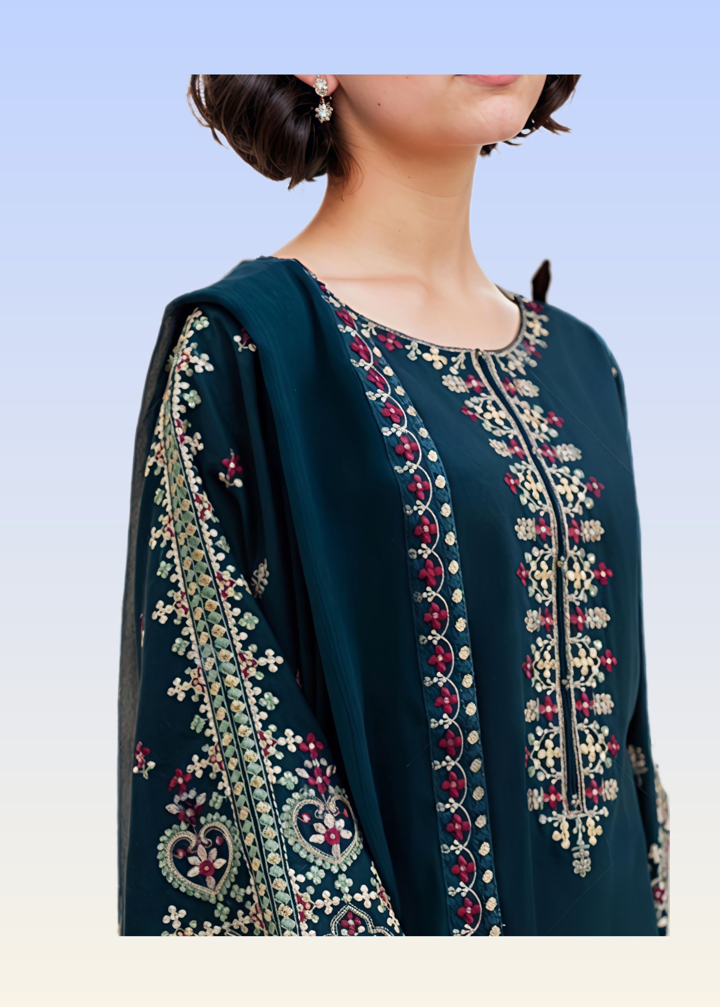 Aadab Teal Embroidered 3 Piece Cotton Kurta Set with Straight Trouser & Chiffon Dupatta
