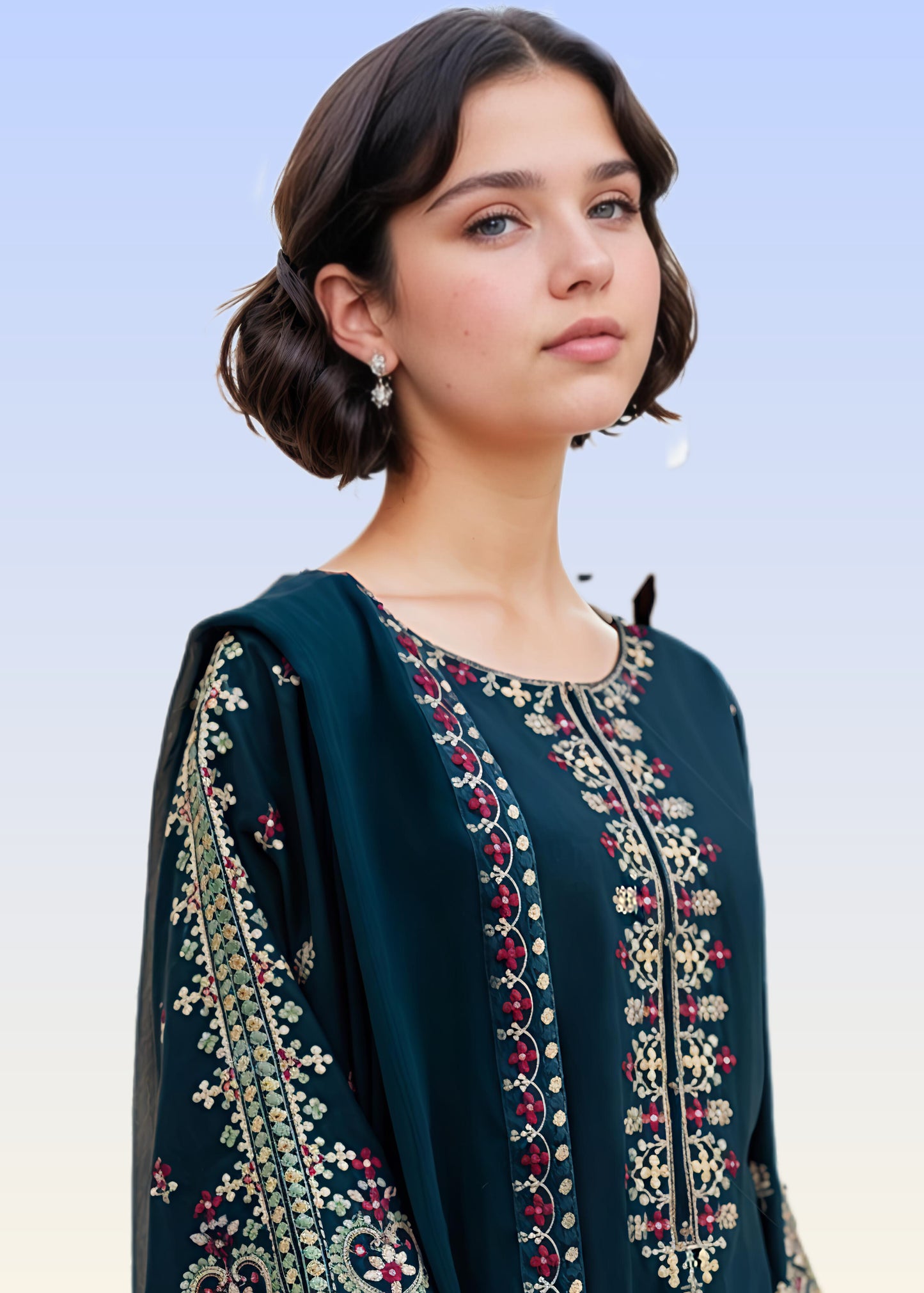 Aadab Teal Embroidered 3 Piece Cotton Kurta Set with Straight Trouser & Chiffon Dupatta