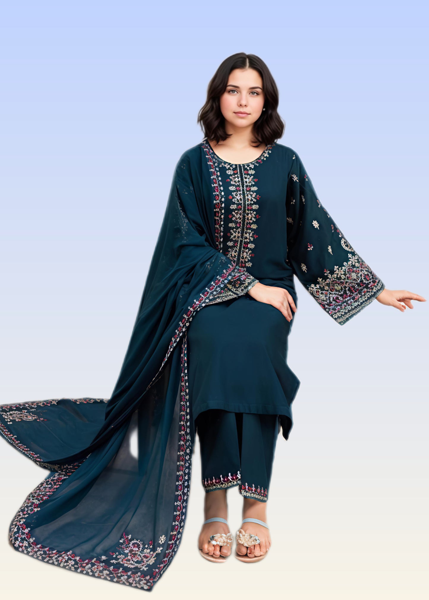 Aadab Teal Embroidered 3 Piece Cotton Kurta Set with Straight Trouser & Chiffon Dupatta