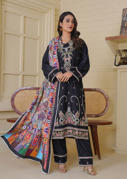 Black Embroidered Linen Kurta Set for Women – 3 Piece