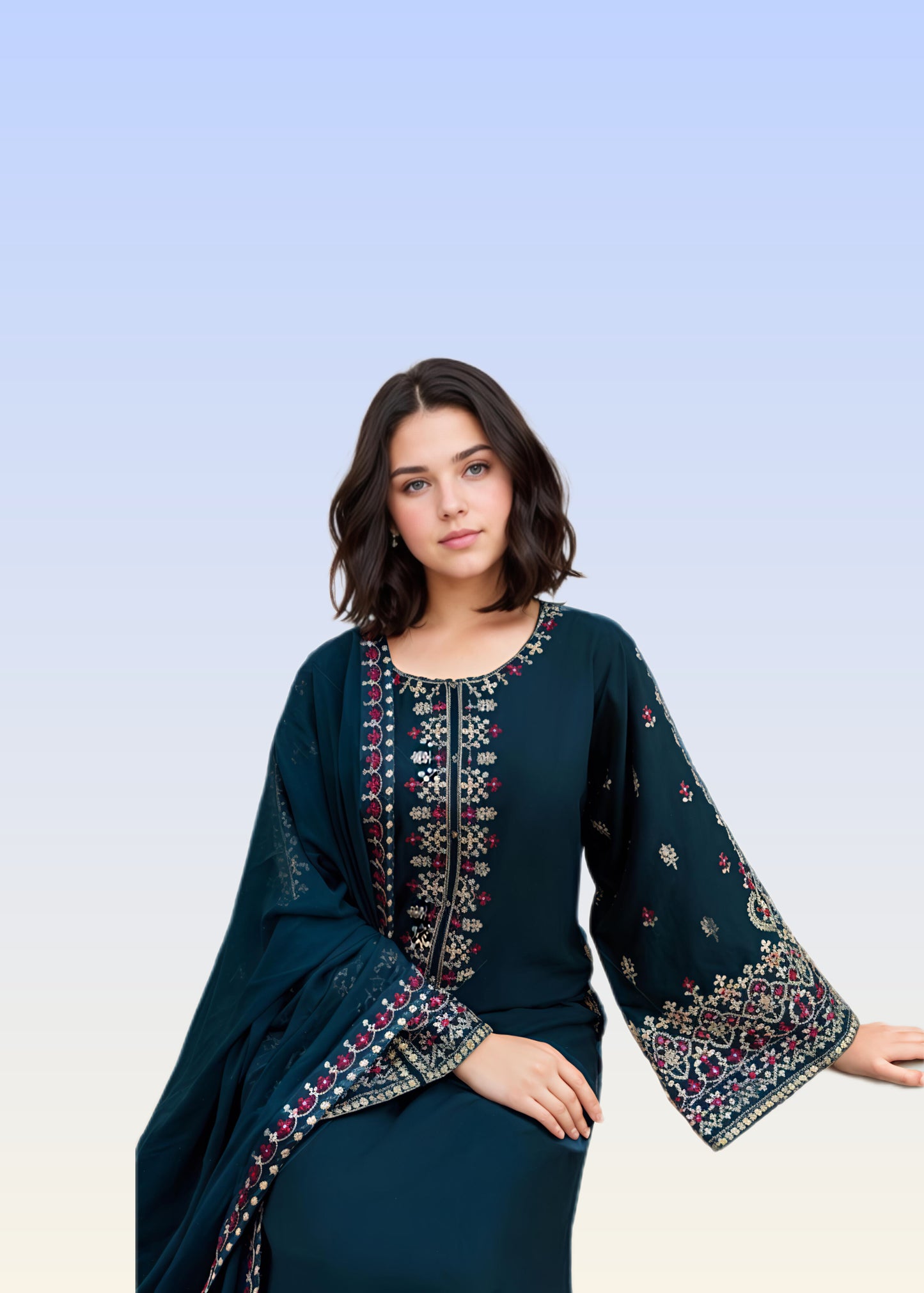 Aadab Teal Embroidered 3 Piece Cotton Kurta Set with Straight Trouser & Chiffon Dupatta