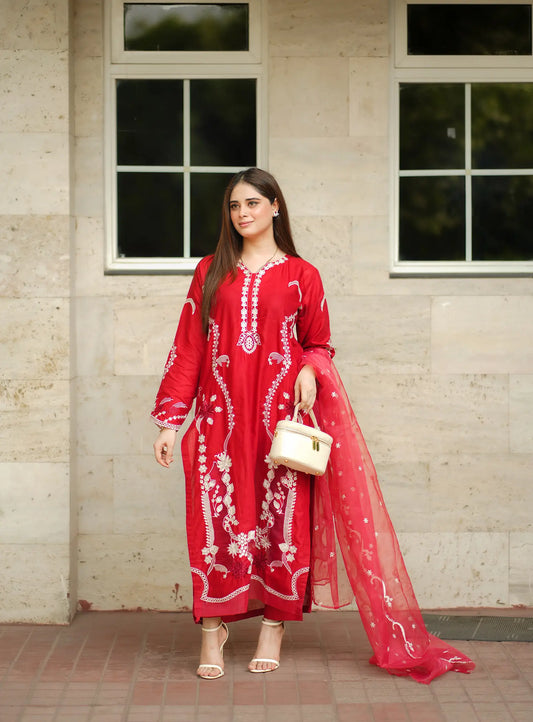 Red 3 Piece Suit Fabric: Premium Cotton ✨ Intricate Embroidery Work ✨ Long Graceful Shirt ✨