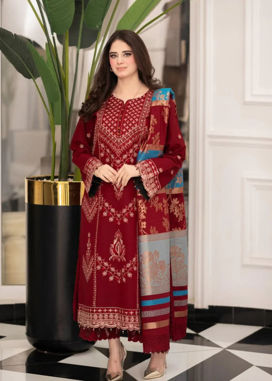 Women’s Maroon 3-Piece Embroidered Linen Kurta Set