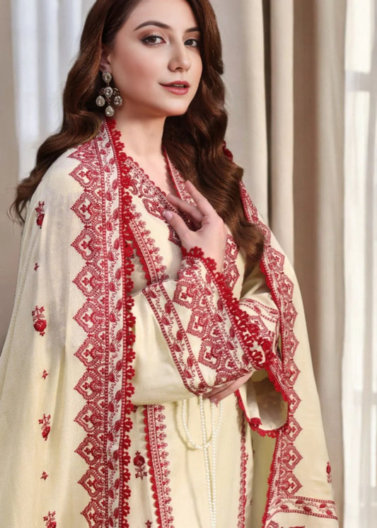Women’s Cream Embroidered 3-Piece Linen Kurta Set