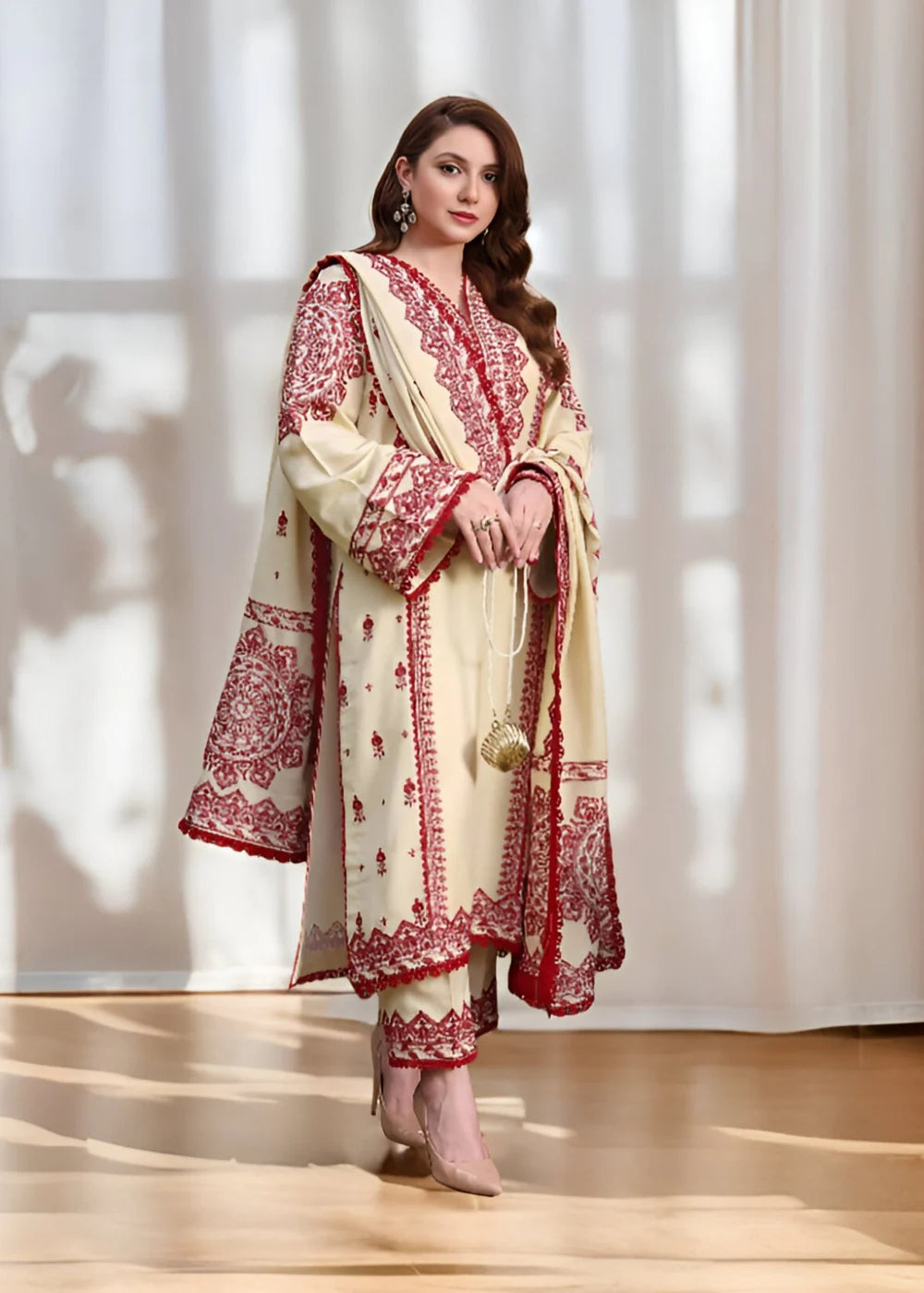 Women’s Cream Embroidered 3-Piece Linen Kurta Set