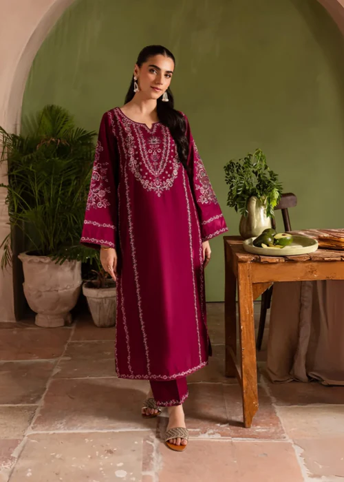 Rose Red Embroidered 2-Piece Cotton Kurta Set – Long Kurta with Matching Trousers.
