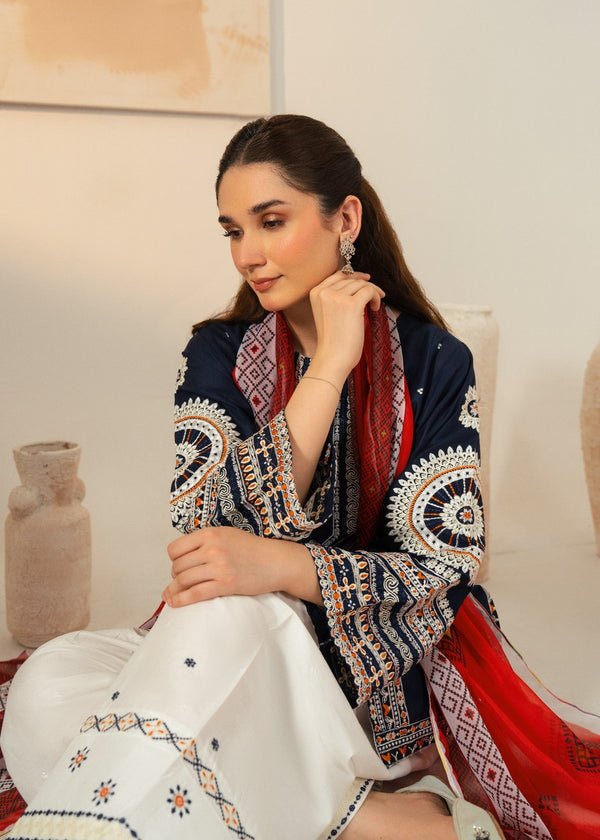 Women’s Navy Blue Embroidered Cotton Kurta Set – 3 Piece Eastern Ready to Wear.