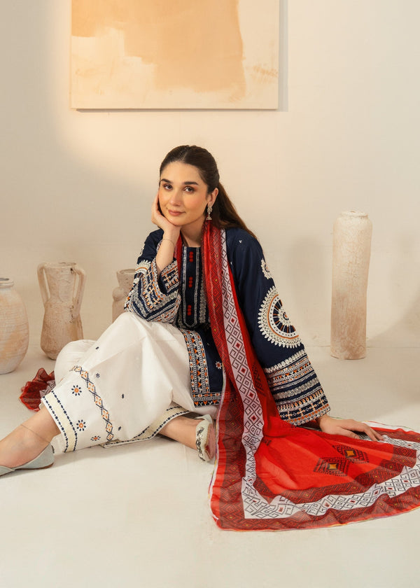 Women’s Navy Blue Embroidered Cotton Kurta Set – 3 Piece Eastern Ready to Wear.