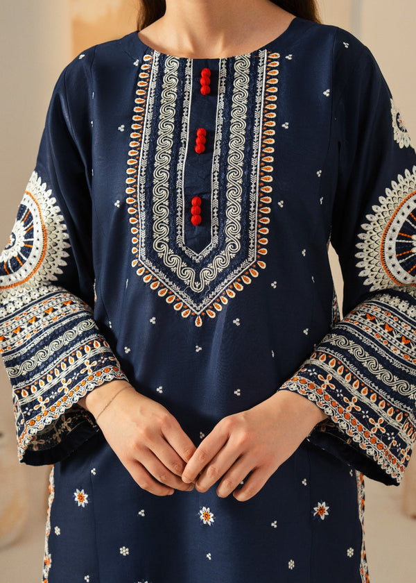 Women’s Navy Blue Embroidered Cotton Kurta Set – 3 Piece Eastern Ready to Wear.