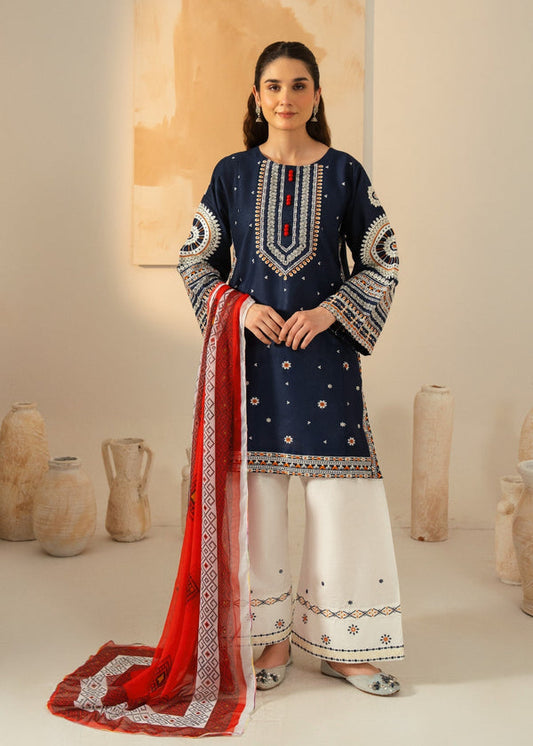 Women’s Navy Blue Embroidered Cotton Kurta Set – 3 Piece Eastern Ready to Wear.