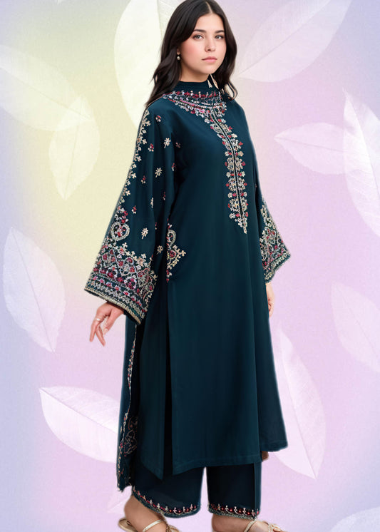 Aadab Teal Embroidered 3 Piece Cotton Kurta Set with Straight Trouser & Chiffon Dupatta