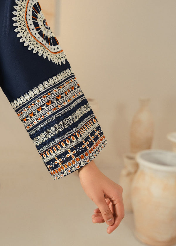 Women’s Navy Blue Embroidered Cotton Kurta Set – 3 Piece Eastern Ready to Wear.