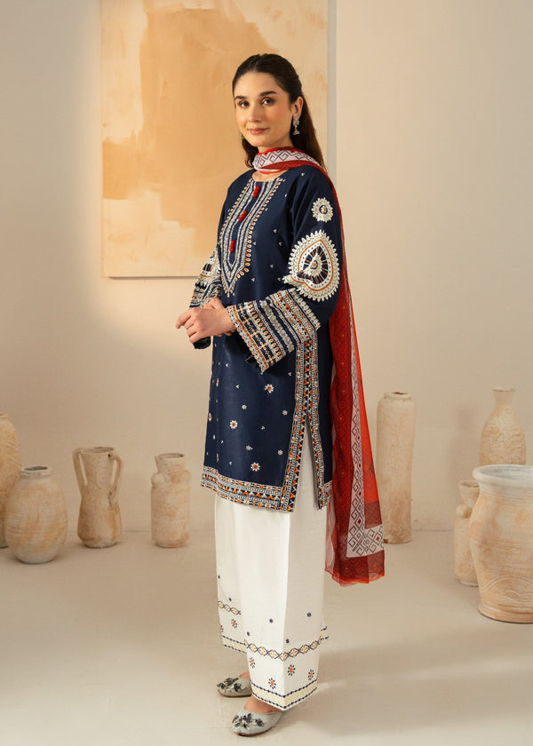 Women’s Navy Blue Embroidered Cotton Kurta Set – 3 Piece Eastern Ready to Wear.